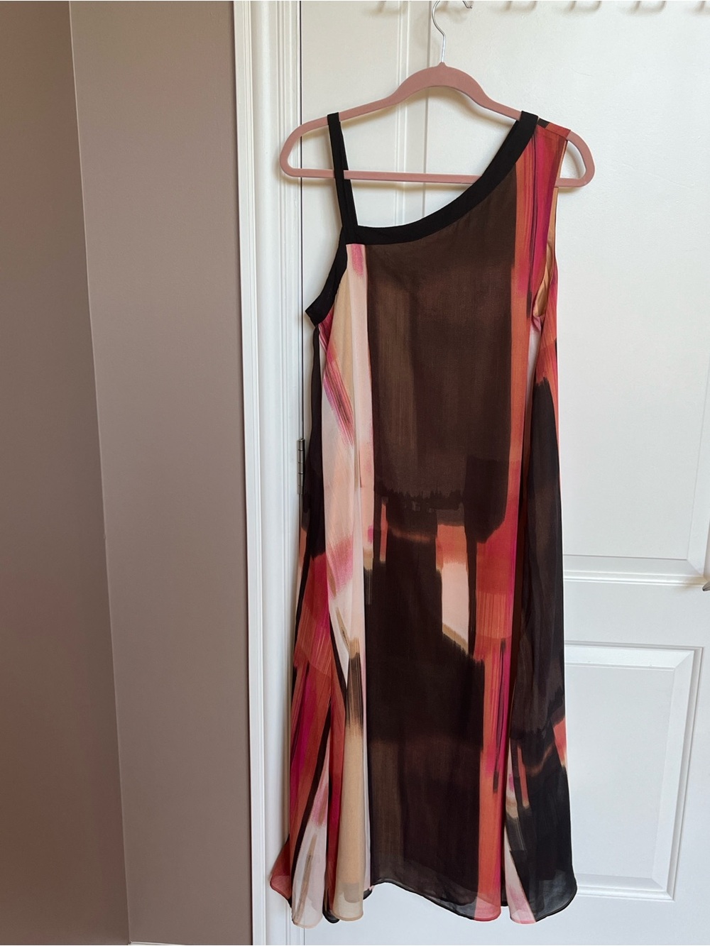 DKNY Abstract One-Shoulder Midi Dress in Black and Pink